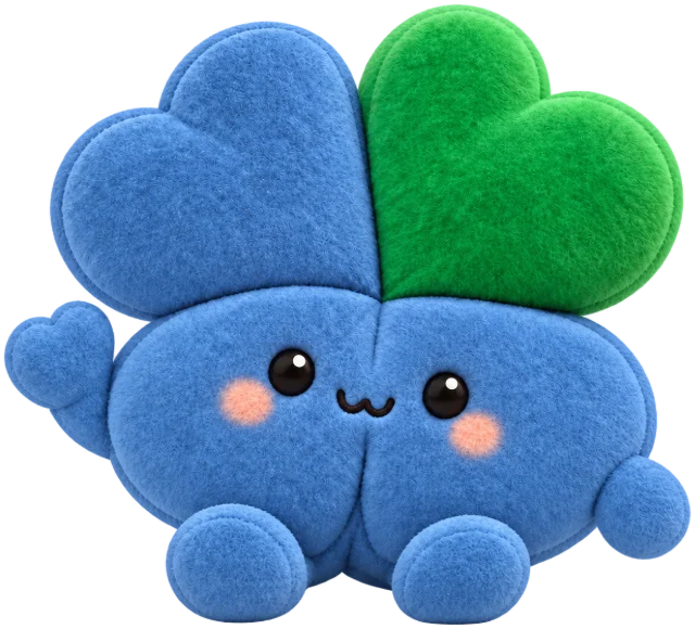 Clovi, Clovigo's own mascot: a friendly blue clover with one green leaf, waving