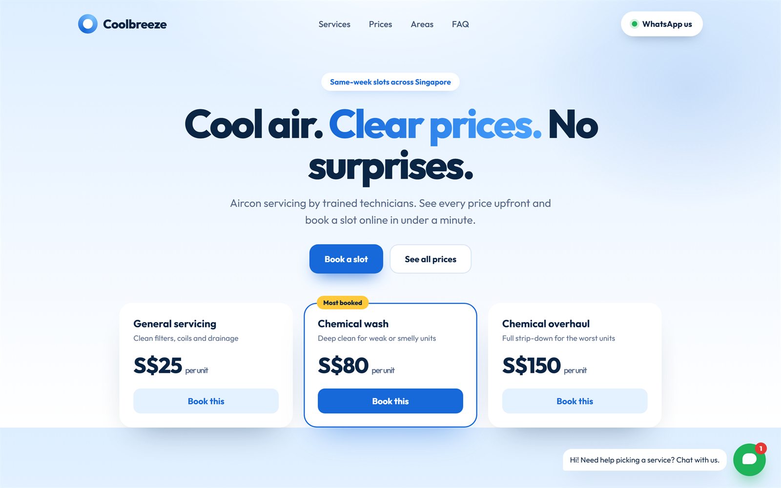 Concept design: an aircon services site with prices and a chat button