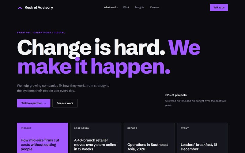 Concept design: a consulting firm website, dark with purple