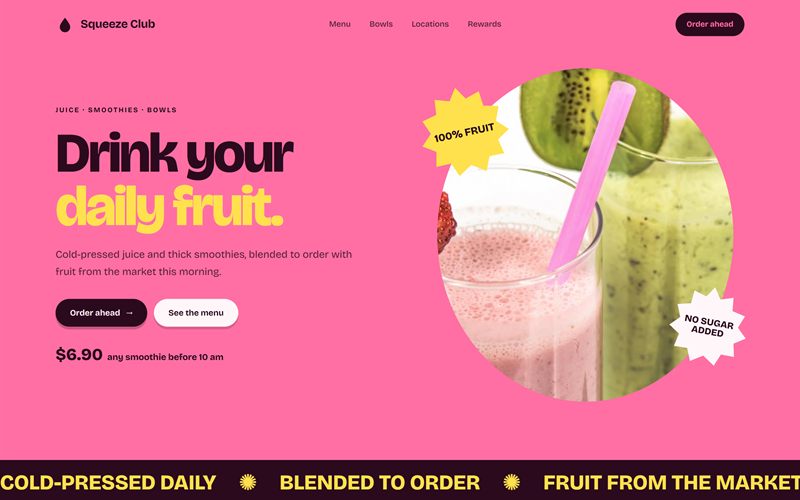 Concept design: a bright pink juice bar website